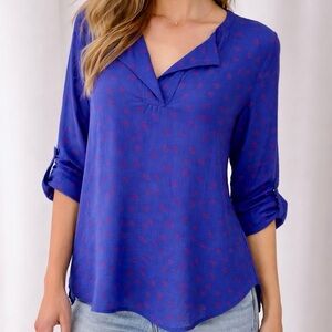 Lacoste Women’s V-Neck Rolled Button-Tab Sleeve Blouse in Blue/Red Anchors Sz S